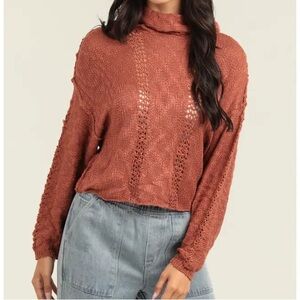 Angie Cowl Neck Crochet Cropped Sweater (XHT60) Rust Orange Open Knit Small NWT